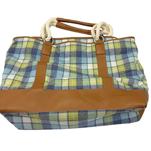 Pendleton blauwgroene geruite wollen draagtas, bruine leren bekleding. ritssluiting. FOUT