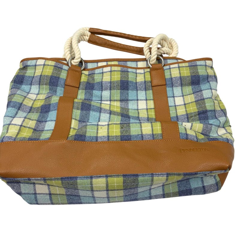 Pendleton blue green plaid wool tote bag, brown leather trim. zip close. FLAW image 1