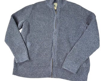 Maglione da uomo LL Bean in cotone blu con zip intera e lavorazione a maglia grossa. Taglia M. Stile preppy e costiero.