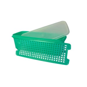 May include: A rectangular teal plastic storage container with a matching teal grid insert and a translucent white lid. The container features a deep base, while the grid insert rests in front, and the lid is angled behind the container body.