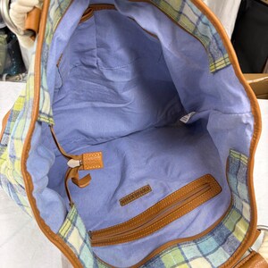 Pendleton blue green plaid wool tote bag, brown leather trim. zip close. FLAW image 6