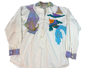 VTG Adam Douglass Adrianna Papell nautical button up shirt. Size 6. embroidered
