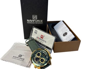 Naviforce mens waterproof watch. NF9197. green leather band. In box. Working