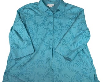 VTG Womens blue 3/4 sleeve blouse, Sheer design. Size XL. resort, vacation, 80s.