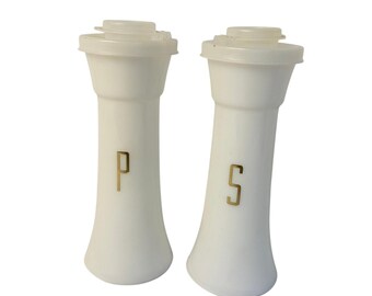 VTG Tupperware 6 inch salt & pepper shakers 718 picnic. white, gold letters
