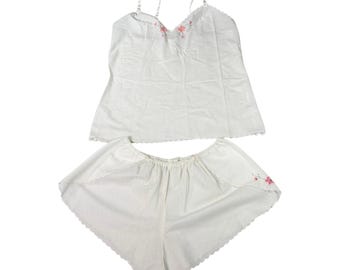 VTG 2 pc. Eve Stillman white camisole, shorts. pink floral embroidery. Size S