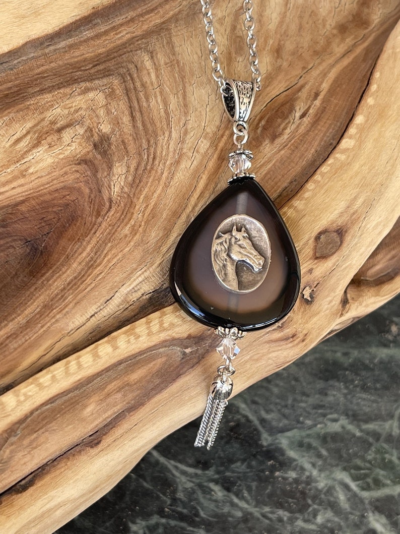 HORSE HEAD NECKLACE Silver Horse Necklace Gift Black Glass Etsy