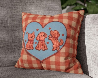 Funda de almohada a cuadros con diseño de gato y perro, funda de cojín estilo cottagecore para mascotas, cojín decorativo con forma de corazón a cuadros rojos, decoración para el hogar para amantes de los animales.