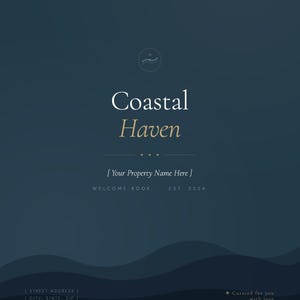 Op de afbeelding: Een marineblauw en goudkleurig grafisch ontwerp met de woorden "Coastal Haven" en "Welcome Book EST 2024". Het ontwerp bevat een golfpictogram en de tekst "Curated for you with love".