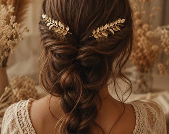 Gold Leaf Hair Comb Set, Boho Bridal Laurel Hairpiece, Wedding Accessories Pair