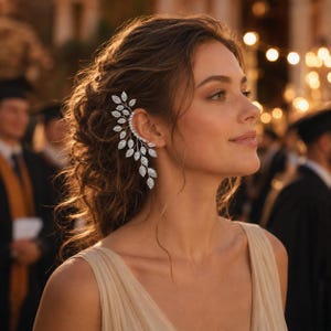 May include: A silver ear cuff featuring a delicate leaf design with sparkling accents. The ear cuff curves along the ear and cascades down with multiple leaf-shaped embellishments. The jewelry is worn by a person in a cream-colored dress.