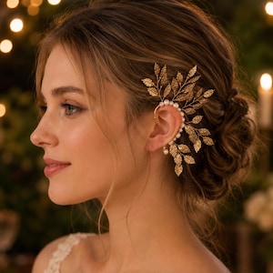 May include: A gold-colored ear cuff featuring a leaf design with small, round, white pearls. The ear cuff wraps around the ear and has a delicate, elegant appearance. The jewelry is likely for a special occasion.