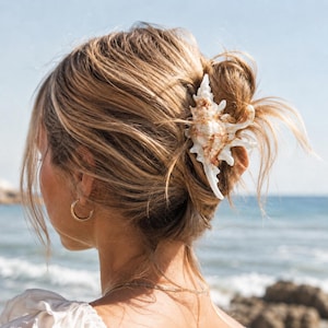 Puede incluir: Una pinza para el pelo con forma de concha, una concha natural de color crema con marcas marrones y naranjas. La concha está sujeta a una pinza para el pelo, que se lleva en un moño. El fondo muestra una playa y el océano.