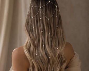 Pearl Chain Hair Headpiece, Silver Bridal Hair Jewelry, Draped Goddess Accessory