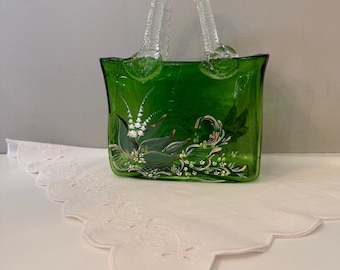 Murano Inspired Vintage, Hand-painted Emerald Green Glass Purse