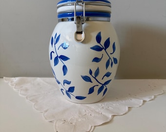 Blue and White Stonelite Hand Painted Canister