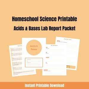 Puede incluir: Imprimible de ciencias para el hogar: Paquete de informes de laboratorio de ácidos y bases. La imagen muestra varias páginas imprimibles blancas con texto y acentos naranjas. El título está en negrita negra. Las páginas incluyen secciones para explicaciones de palabras, informes de laboratorio y resultados de aprendizaje.