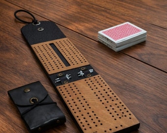 Full Leather Cribbage Board, Travel Size Card Game Set, Handmade Premium, Wood-Free Designw