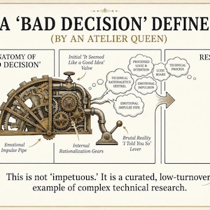 May include: An illustrated diagram titled "A 'BAD DECISION' DEFINED" by Atelier Queen. The diagram shows a complex machine with gears, pipes, and labels such as "Emotional Impulse Pipe" and "Internal Rationalisation Gears."