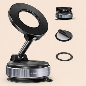 May include: A black car phone mount with a circular design and a silver accent. The mount has an adjustable arm and a suction cup base. Additional components include an adhesive pad and a ring.