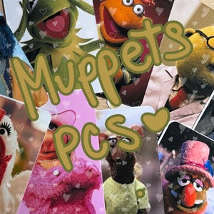 May include: A collection of rectangular trading cards featuring various Muppet characters, including Kermit the Frog, Miss Piggy, and others, with the text Muppets pcs overlaid in a large, olive-colored script font across the center of the image.