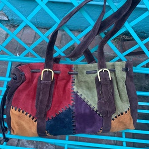 Large Patchwork Whipstitched Suede Bag