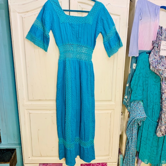 TURQUOISE Mexican WEDDING Dress with LACE Insets