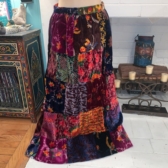 60's 70's VELVET PATCHWORK MAXI Skirt - image 1