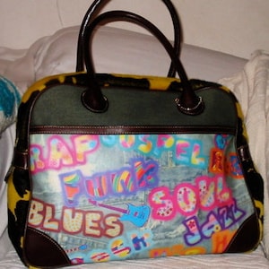 90's FRED SEGAL Large GRAFFITI Art Multimedia Music Peace Love Bowling Bag Ponyhair Denim Bag
