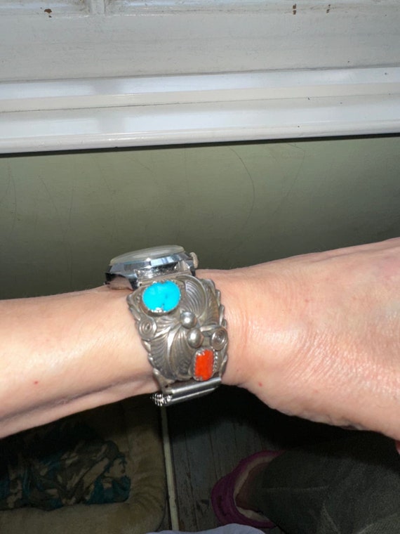 STERLING Silver TURQUOISE Coral Watchband w/ Turq… - image 5