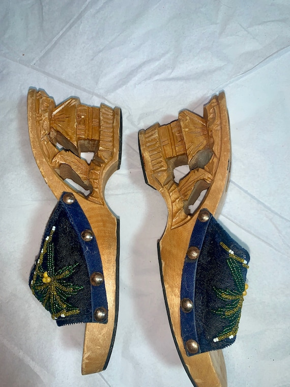 BEADED VELVET WOOD Carved Slides Clogs - image 5