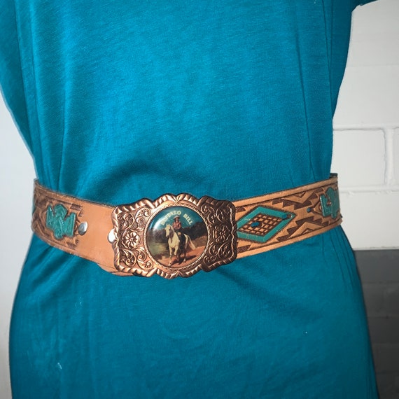 TOOLED Painted LEATHER  Belt with Buffalo Bill Bu… - image 1