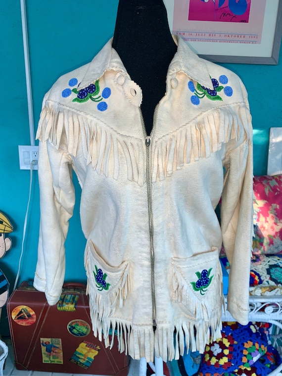 60s Canadian DEERSKIN BEADED FRINGED Leather Jacke