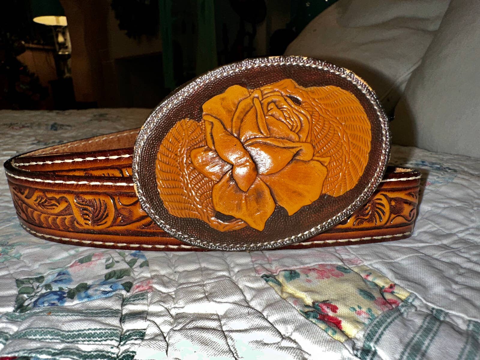 Vintage Tony Lama Hand-Tooled Brown Floral Leather Belt with Oval Buckle Tony Lama Tooled Leather Belt - Etsy main image 4