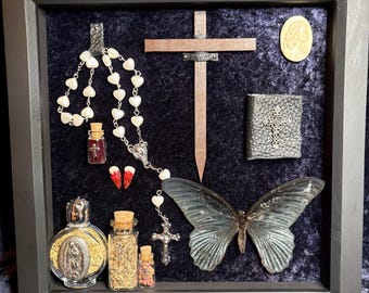 Butterfly Vampire Hunting Kit Frame - White Rosary, Herb Jars, Vampire Teeth Gothic Oddities Taxidermy