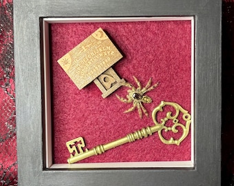 Jumping Spider Taxidermy Frame - Red Background, Mini Oujia Board With Bronze Key Decoration Gothic Oddities