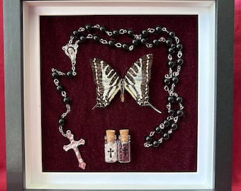 Gothic Butterfly Frame with Black Rosary, Quartz, Garnet Crystals – Oddities Decor