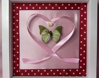 Framed Green Charaxes Butterfly, Pink Satin, Red Polka Dot And Pink Ribbon