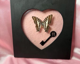 Spot Swordtail Butterfly Heart Frame - Pink Background, Coraline Themed Button Key