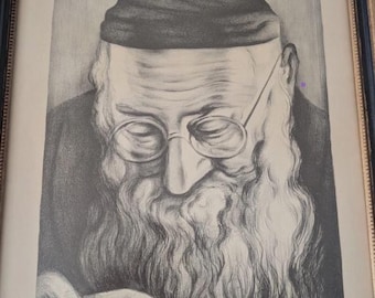 Litografía antigua firmada por Saul Rabino, Judaica, Rabino estudiando la Torá, enmarcada. Arte religioso judío.