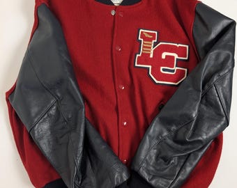 Chaqueta universitaria vintage DeLong, talla 44, roja, de lana y con detalles en cuero negro, fabricada en EE. UU.