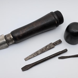Vintage Bridgeport Wood Multi-Tool Handle with 3 Hidden Bits, Antique Tool Kit
