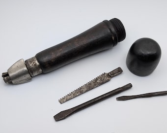 Mango de madera vintage para multiherramienta Bridgeport con 3 puntas ocultas, kit de herramientas antiguo.