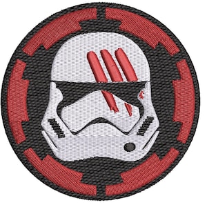 May include: A circular embroidered patch featuring a white stormtrooper helmet with three red claw marks across the forehead and eye area. The helmet is centered on a black background surrounded by a red segmented border with a black outer edge.