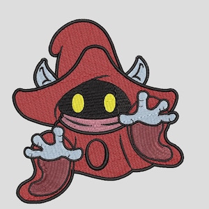 May include: An embroidered patch featuring a character wearing a red hooded robe with a black face, two bright yellow eyes, and light blue hands. The character has a pointed hat and a small oval shape on the chest, all outlined in thick black thread.