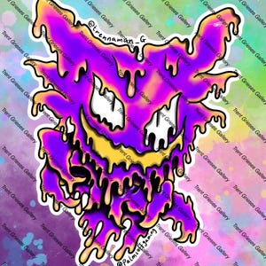 May include: A colourful sticker depicting a dripping monster face in purple, yellow, and black. The design has a cartoonish, yet slightly menacing appearance. The background is a colourful gradient.