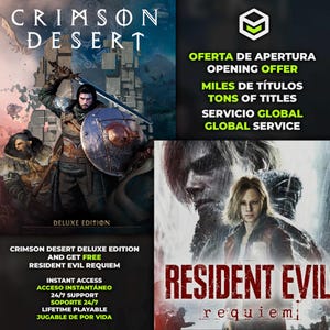 Puede incluir: Imagen promocional de videojuegos. La imagen presenta los títulos de los juegos "Crimson Desert" y "Resident Evil Requiem". El texto incluye "Deluxe Edition", "Opening Offer" y "Instant Access".