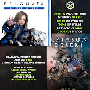 Pode incluir: A imagem apresenta a capa do jogo "PRAGMATA DELUXE EDITION" com um personagem futurista. O texto inclui "OPENING OFFER", "MILES DE TÍTULOS" e "CRIMSON DESERT". Também promove "PRAGMATA DELUXE EDITION" com "CRIMSON DESERT DELUXE EDITION" grátis.