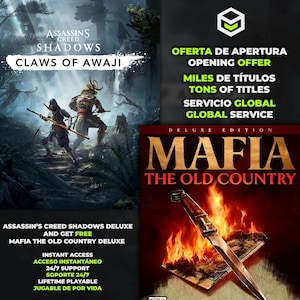 Peut inclure: Image promotionnelle pour des jeux vidéo. Présente le jeu "Assassin's Creed Shadows" avec deux personnages en tenue de samouraï. Inclut également la couverture du jeu "Mafia: The Old Country". Le texte met en évidence "Offre d'ouverture", "Des milliers de titres" et "Service global".