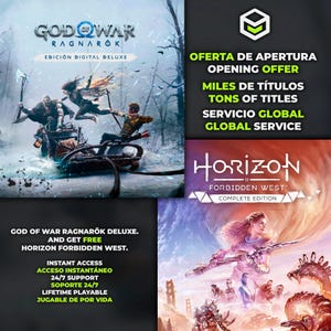 Peut inclure: Image promotionnelle pour les jeux vidéo "God of War Ragnarok" et "Horizon Forbidden West". L'image comprend du texte en anglais et en espagnol, annonçant un accès instantané et une assistance 24h/24 et 7j/7 pour les jeux.